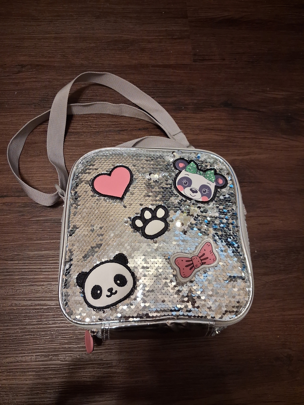 Sequin Panda Patch Crossbody Insulated Lunch Bag - Silver with Pink Accents
